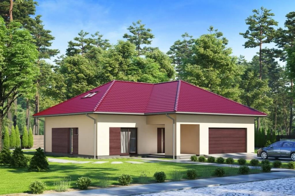 Projekt domu Wiechlina 2 L-6628, parterowy z poddaszem do adaptacji, z garażem dwustanowiskowym, bez podpiwniczenia - kolorystyka wersja 2