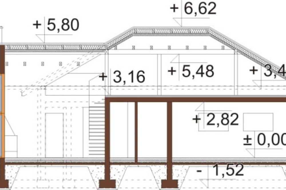 Projekt domu Wiechlina 2 L-6628, parterowy z poddaszem do adaptacji, z garażem dwustanowiskowym, bez podpiwniczenia - przekrój B-B