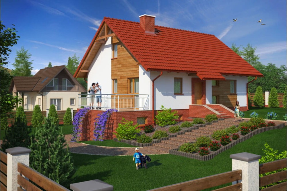 Projekt domu Swoszowa DM-6036, parterowy z poddaszem do adaptacji, częściowo podpiwniczony, z garażem - kolorystyka wersja 1