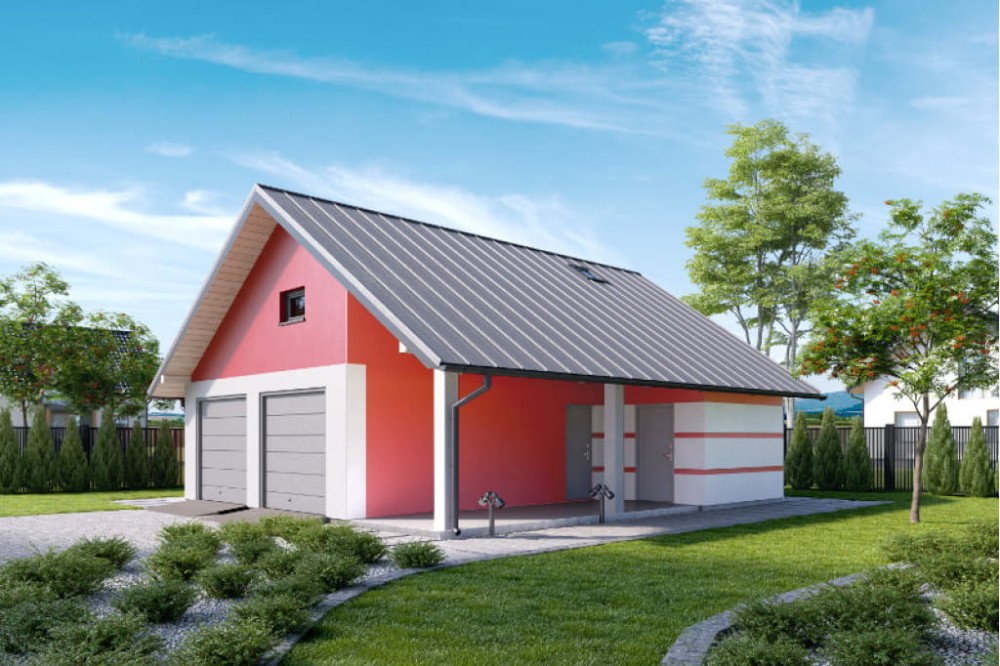 Projekt garażu dwustanowiskowego ZG-90, parterowy z poddaszem do adaptacji, niepodpiwniczony - kolorystyka wersja 3