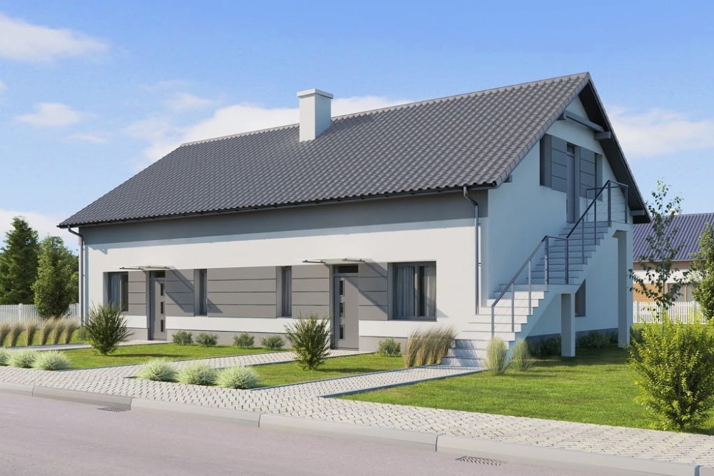 Projekt domu Ibala DM-6646, lokalno - usługowy, parterowy z poddaszem nieużytkowym - kolorystyka wersja 2