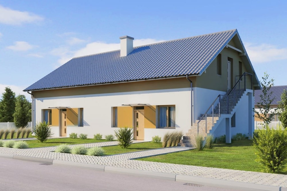 Projekt domu Ibala DM-6646, lokalno - usługowy, parterowy z poddaszem nieużytkowym - kolorystyka wersja 4