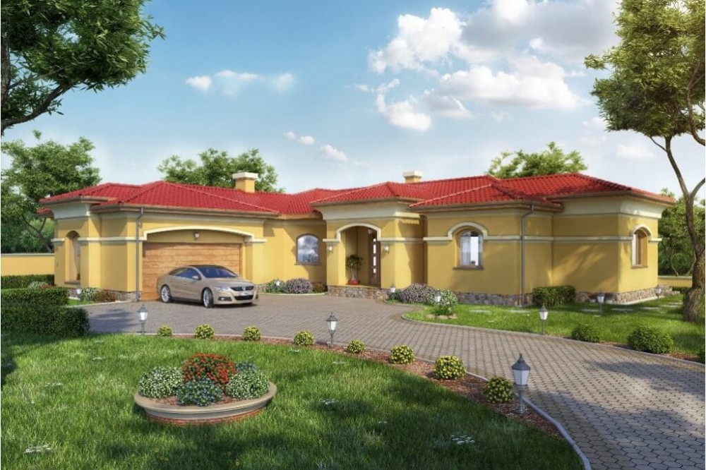 Projekt domu Hortensjów 2 L-6595, dom parterowy z częściowym podpiwniczeniem i garażem dwustanowiskowym - kolorystyka wersja 3