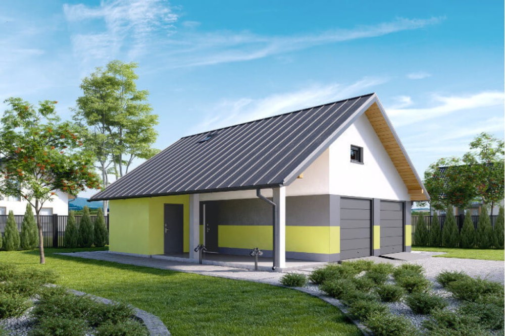 Projekt garażu dwustanowiskowego LZG-90, parterowy z poddaszem do adaptacji, niepodpiwniczony - kolorystyka wersja 1