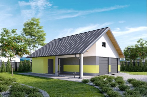 Projekt garażu dwustanowiskowego LZG-90, parterowy z poddaszem do adaptacji, niepodpiwniczony - kolorystyka wersja 1