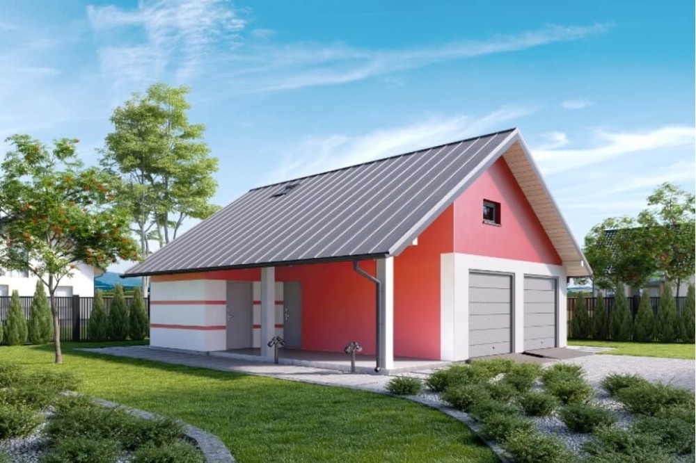 Projekt garażu dwustanowiskowego LZG-90, parterowy z poddaszem do adaptacji, niepodpiwniczony - kolorystyka wersja 3