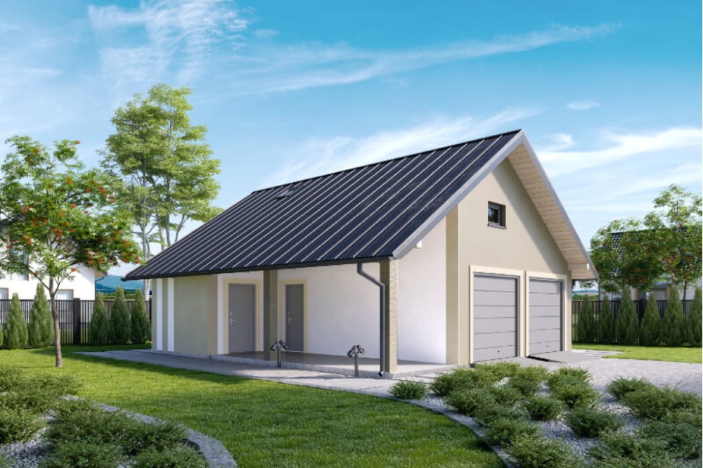 Projekt garażu dwustanowiskowego LZG-90, parterowy z poddaszem do adaptacji, niepodpiwniczony - kolorystyka wersja 4