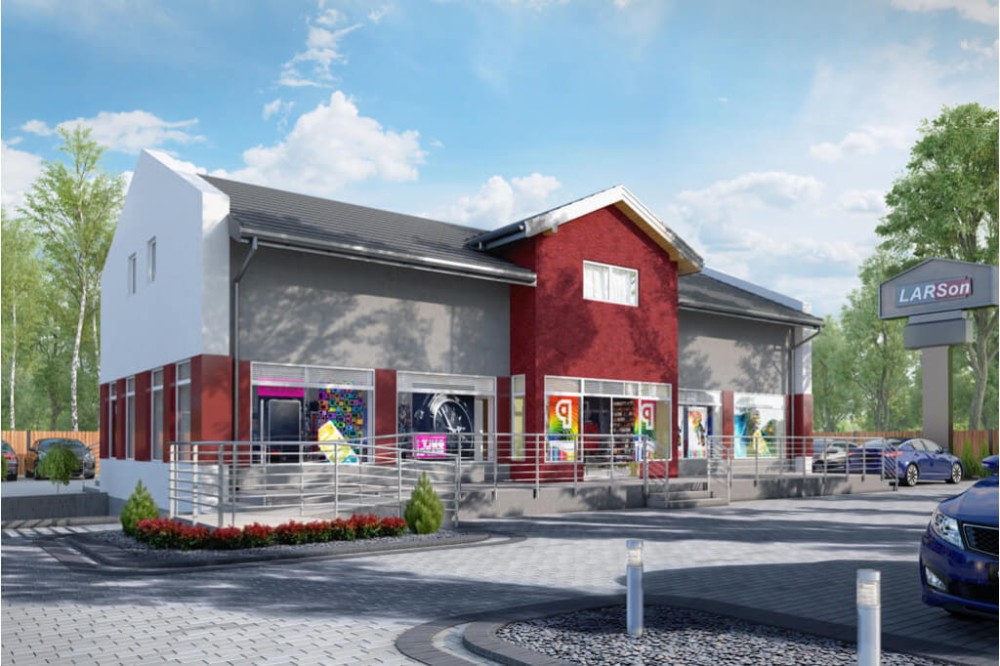 Projekt sklepu LK-06 B, parterowy z poddaszem nieużytkowym do adaptacji, podpiwniczony, z garażem - kolorystyka wersja 3