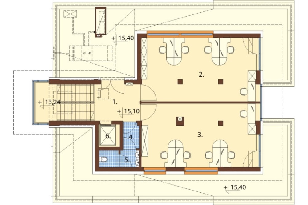 Projekt budynku biurowego K-75, pięciopiętrowy, niepodpiwniczony, bez garażu - rzut piętra / antresoli