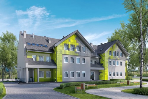 Projekt zakładu opieki leczniczej K-62, piętrowy z poddaszem użytkowym, podpiwniczony - wizualizacja elewacji