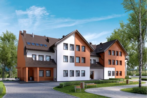 Projekt zakładu opieki leczniczej K-62, piętrowy z poddaszem użytkowym, podpiwniczony - wizualizacja elewacji