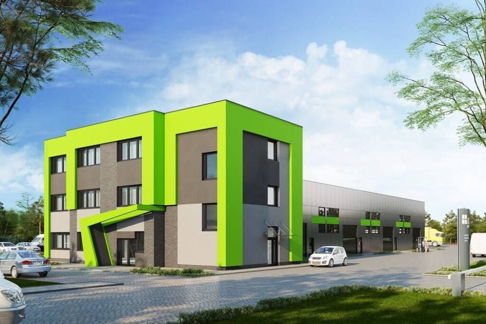 Projekt budynku biurowo - magazynowego K-119, niepodpiwniczony, złożony z dwóch części-kolorystyka wersja 2