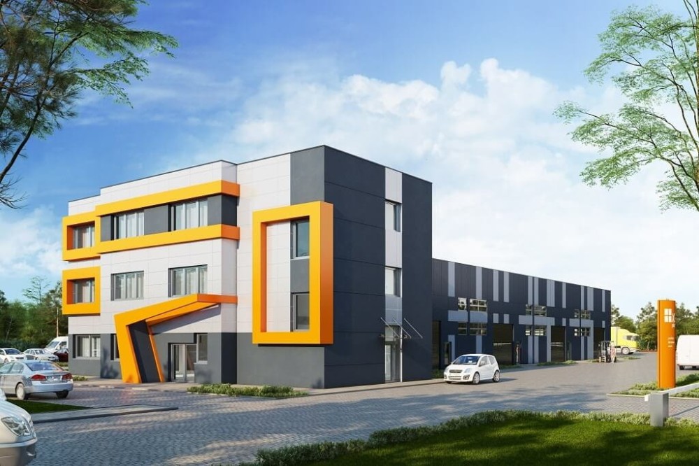 Projekt budynku biurowo - magazynowego K-119, niepodpiwniczony, złożony z dwóch części-kolorystyka wersja 3