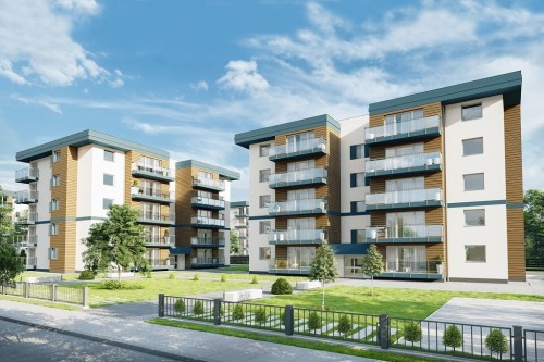 Projekt budynku wielorodzinnego DM-6761,  sześciokondygnacyjny, podpiwniczony, z garażem wielostanowiskowym - kolorystyka wersja 1