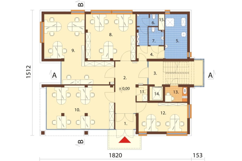 Projekt biurowca LK-75, czteropiętrowy, bez podpiwniczenia, bez garażu - rzut parteru