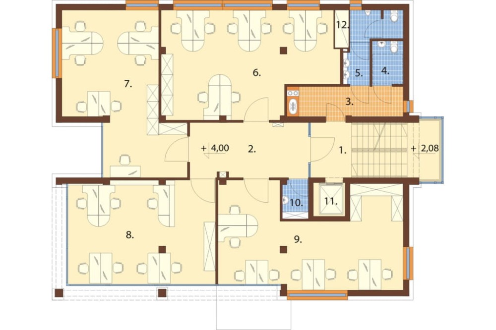 Projekt biurowca LK-75, czteropiętrowy, bez podpiwniczenia, bez garażu - rzut pierwszego piętra