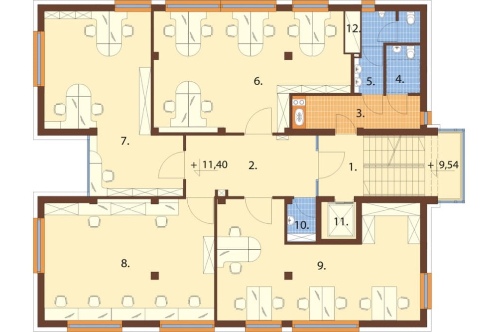 Projekt biurowca LK-75, czteropiętrowy, bez podpiwniczenia, bez garażu - rzut trzeciego piętra