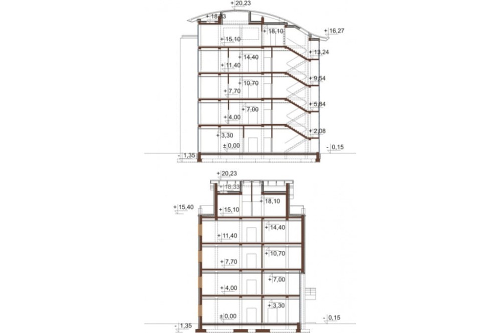 Projekt biurowca LK-75, czteropiętrowy, bez podpiwniczenia, bez garażu - przekrój A-A