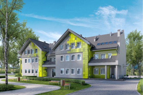 Projekt zakładu opieki leczniczej LK-62, piętrowy z poddaszem użytkowym, podpiwniczony - wizualizacja elewacji