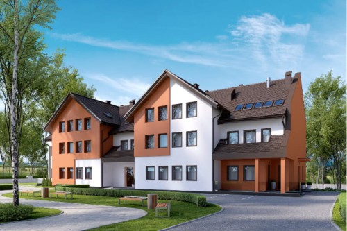 Projekt zakładu opieki leczniczej LK-62, piętrowy z poddaszem użytkowym, podpiwniczony - wizualizacja elewacji