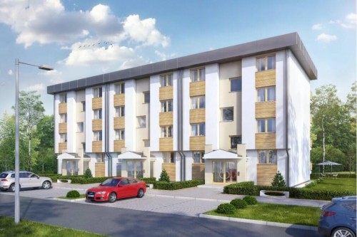 Projekt budynku wielorodzinnego L-6590, parterowy z trzema piętrami, częściowo podpiwniczony, bez garażu - kolorystyka wersja 1