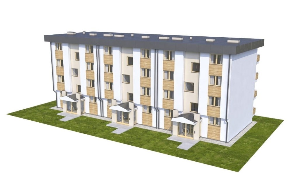 Projekt budynku wielorodzinnego L-6590, parterowy z trzema piętrami, częściowo podpiwniczony, bez garażu - model
