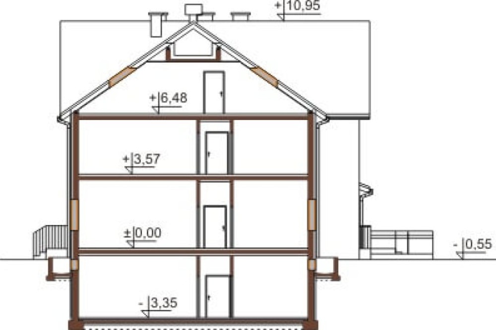 Projekt pensjonatu LK-20, budynek piętrowy z poddaszem do adaptacji, podpiwniczony - przekrój A-A