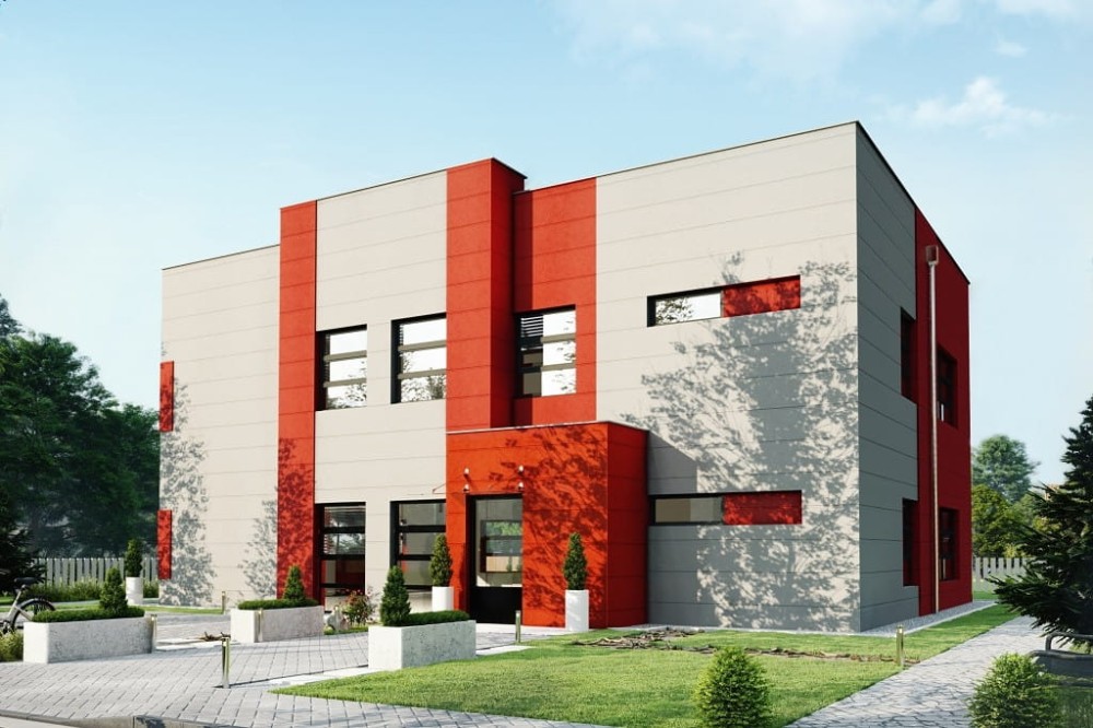 Projekt budynku biurowego  K-128, piętrowy dwukondygnacyjny, bez piwnicy i garażu-kolorystyka wersja 4