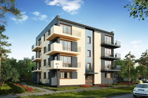Projekt budynku wielorodzinnego L-6496 B (DP), trzypiętrowy, podpiwniczony z garażem wielostanowiskowym - kolorystyka wersja 2
