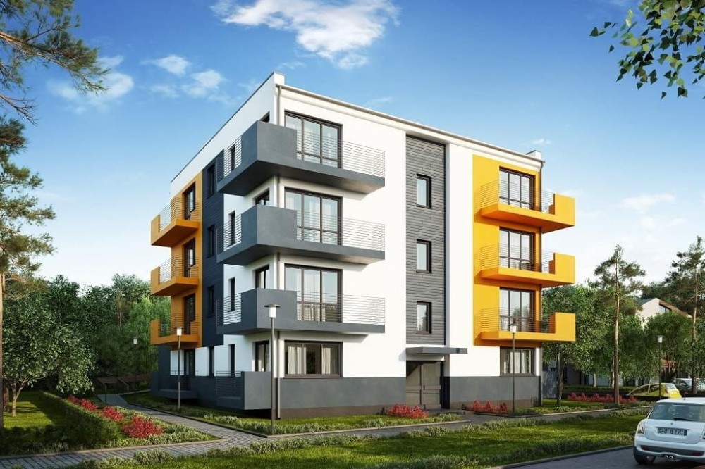 Projekt budynku wielorodzinnego L-6496 B (DP), trzypiętrowy, podpiwniczony z garażem wielostanowiskowym - kolorystyka wersja 3