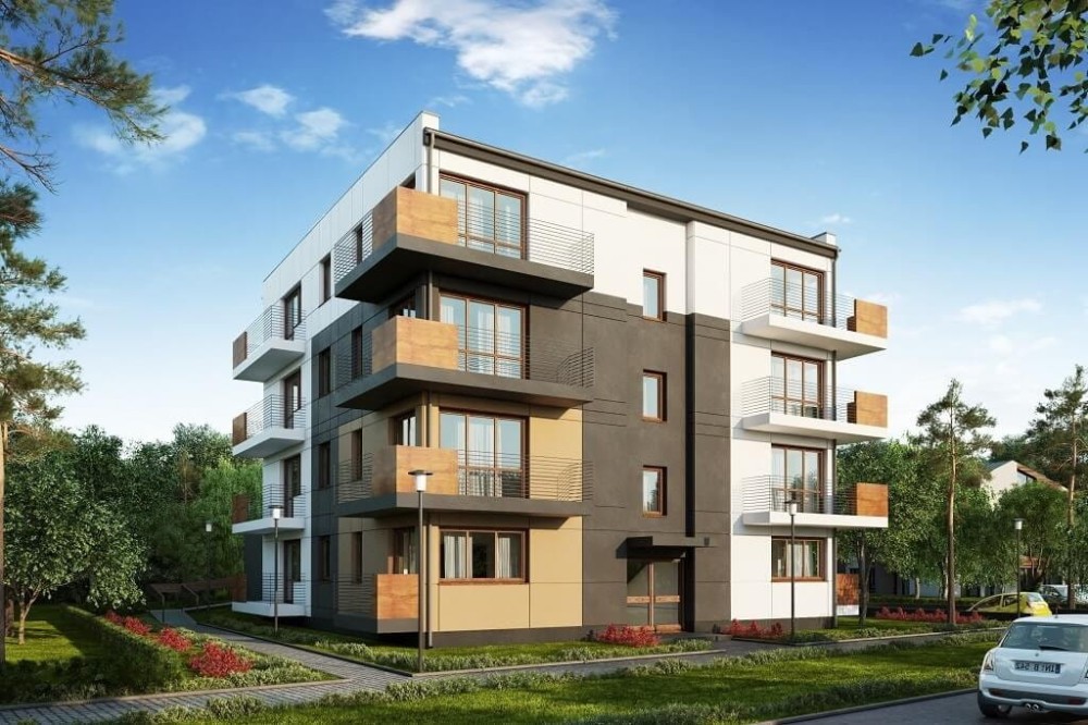 Projekt budynku wielorodzinnego L-6496 B (DP), trzypiętrowy, podpiwniczony z garażem wielostanowiskowym - kolorystyka wersja 4