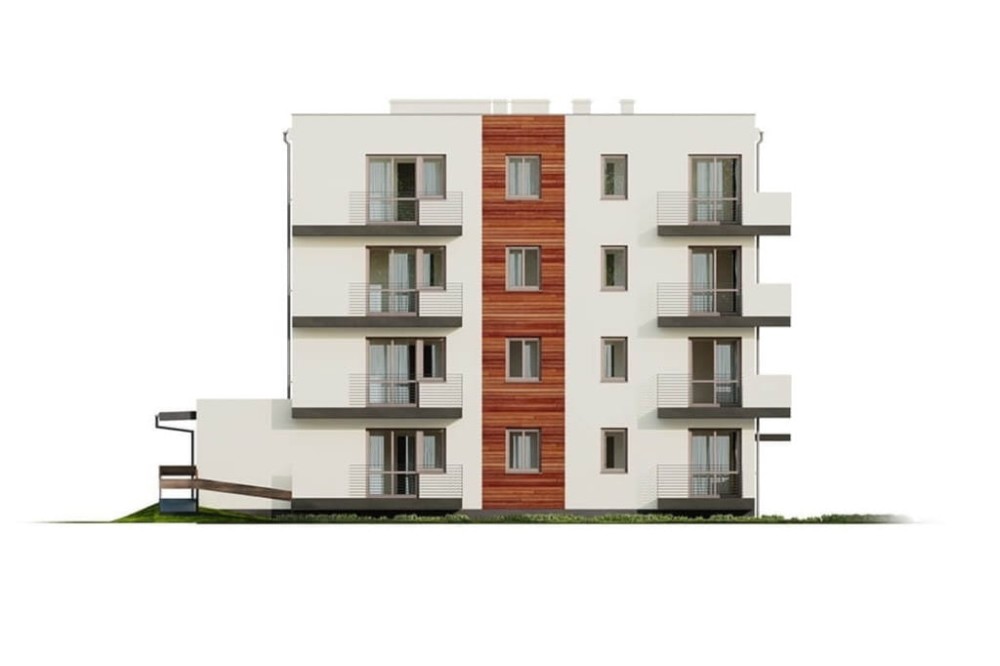 Projekt budynku wielorodzinnego L-6496 B (DP), trzypiętrowy, podpiwniczony z garażem wielostanowiskowym -  elewacja lewa