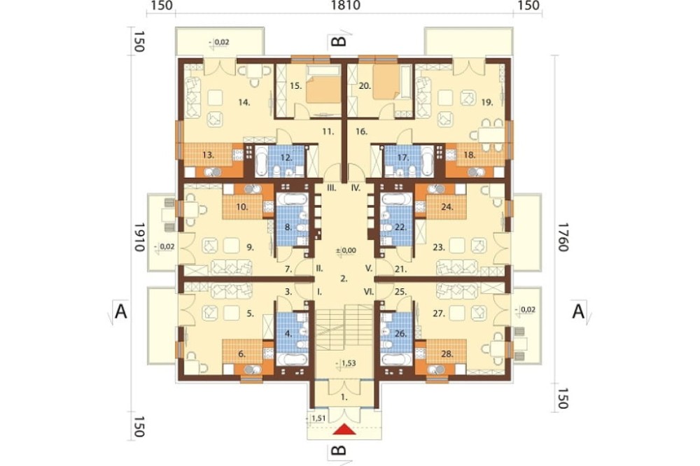 Projekt budynku wielorodzinnego L-6710,  pięciokondygnacyjny, podpiwniczony, bez garażu - rzut parteru