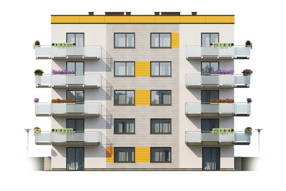 Projekt budynku wielorodzinnego L-6710,  pięciokondygnacyjny, podpiwniczony, bez garażu - elewacja ogrodowa