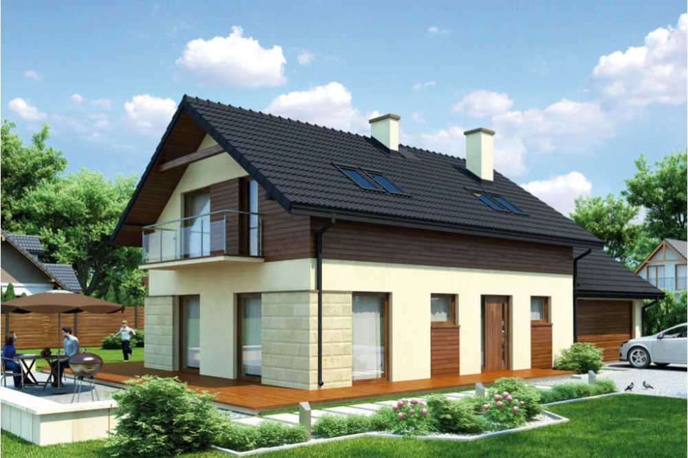 Projekt domu Tofane DM-6421, parterowy z poddaszem mieszkalnym, bez podpiwniczenia, z garażem dwustanowiskowym - kolorystyka wersja 1