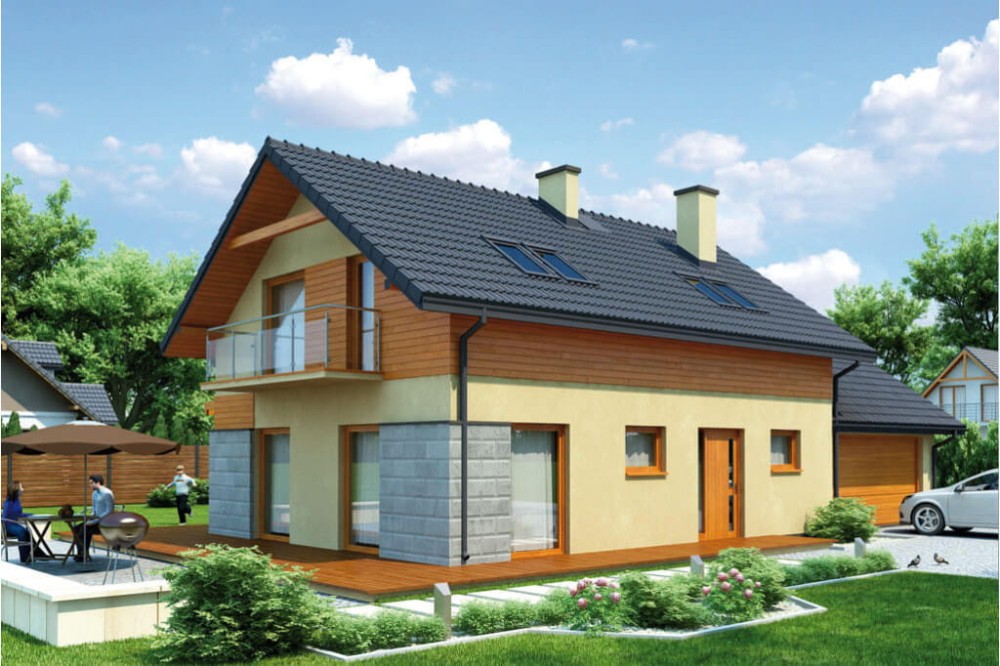 Projekt domu Tofane DM-6421, parterowy z poddaszem mieszkalnym, bez podpiwniczenia, z garażem dwustanowiskowym - kolorystyka wersja 2