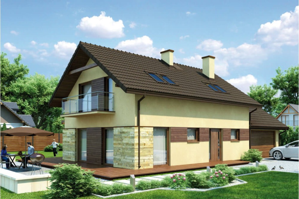 Projekt domu Tofane DM-6421, parterowy z poddaszem mieszkalnym, bez podpiwniczenia, z garażem dwustanowiskowym - kolorystyka wersja 3
