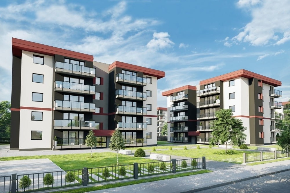 Projekt budynku wielorodzinnego L-6761,  sześciokondygnacyjny, podpiwniczony, z garażem wielostanowiskowym - kolorystyka wersja 3
