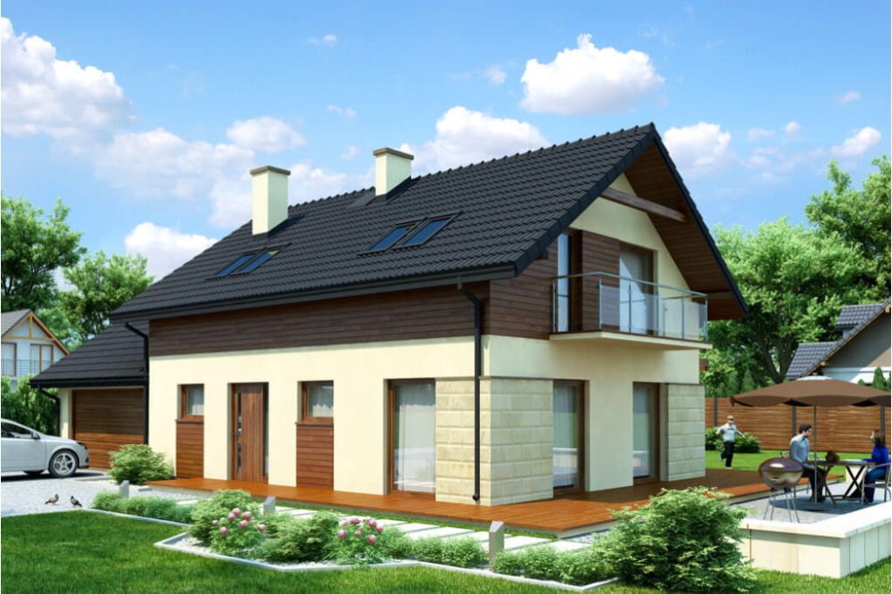 Projekt domu Tofane Due L-6421, parterowy z poddaszem mieszkalnym, bez podpiwniczenia, z garażem dwustanowiskowym - kolorystyka wersja 1