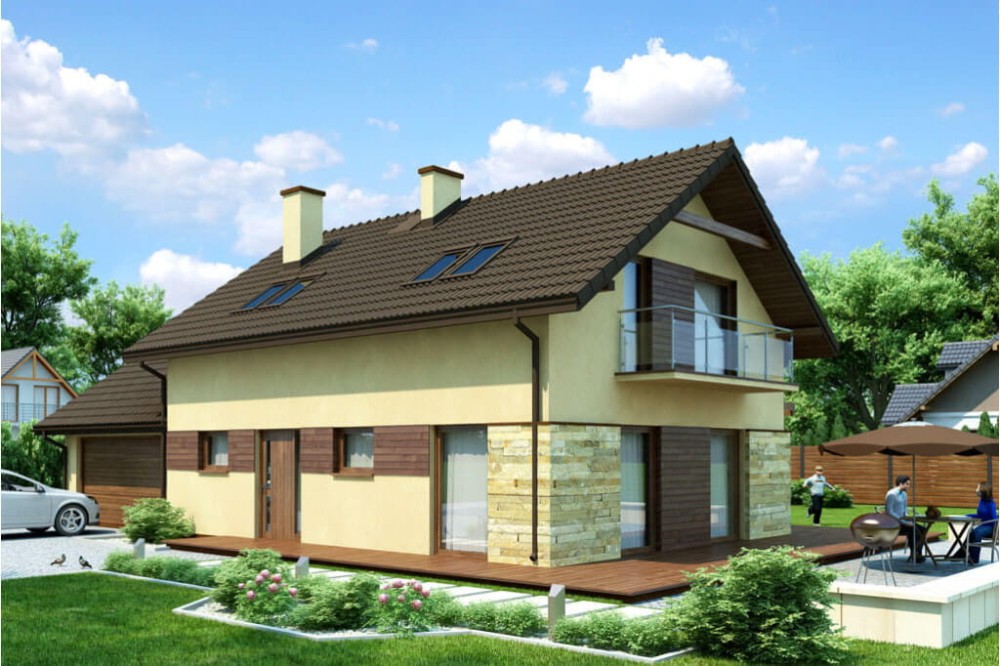 Projekt domu Tofane Due L-6421, parterowy z poddaszem mieszkalnym, bez podpiwniczenia, z garażem dwustanowiskowym - kolorystyka wersja 3