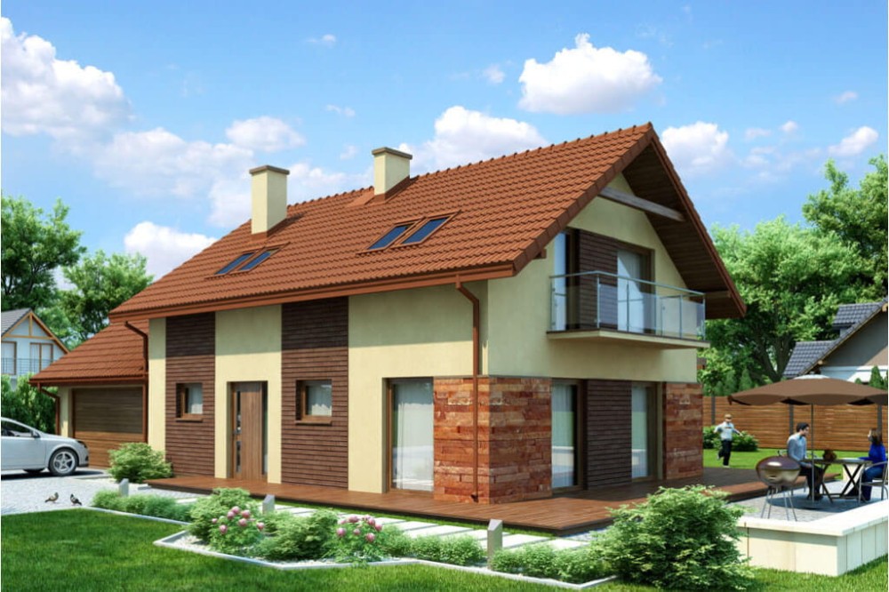 Projekt domu Tofane Due L-6421, parterowy z poddaszem mieszkalnym, bez podpiwniczenia, z garażem dwustanowiskowym - kolorystyka wersja 4