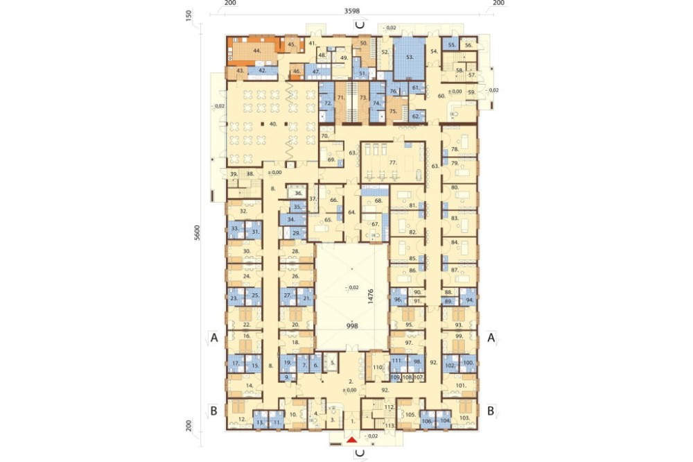 Projekt ośrodka rehabilitacyjnego z częścią hotelową K-155, dwukondygnacyjny, niepodpiwniczony, bez garażu - rzut parteru