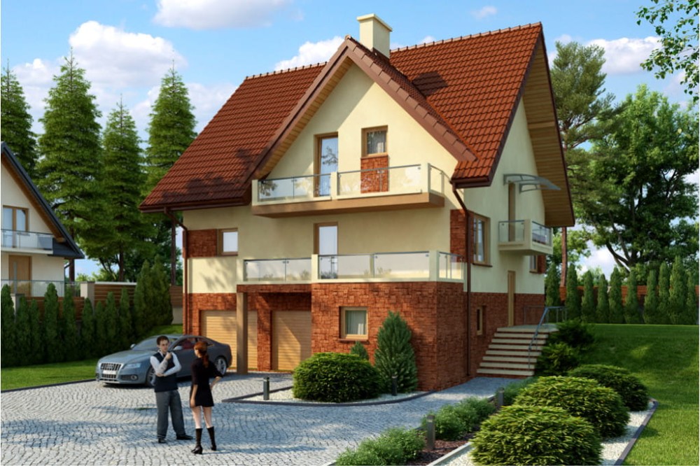 Projekt domu Parczew DM-6399, parterowy z poddaszem użytkowym, z garażem dwustanowiskowym, częściowo podpiwniczony - kolorystyka wersja 3