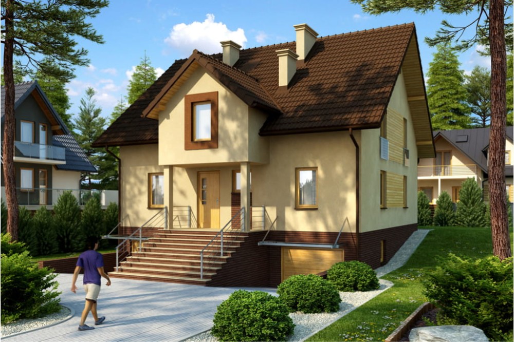 Projekt domu Kłaj 2 L-6398,  parterowy z poddaszem mieszkalnym, podpiwniczony, z dwoma garażami - kolorystyka wersja 1