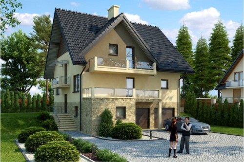 Projekt domu Parczew 2 L-6399, parterowy z poddaszem użytkowym, z garażem dwustanowiskowym, częściowo podpiwniczony - kolorystyka wersja 2