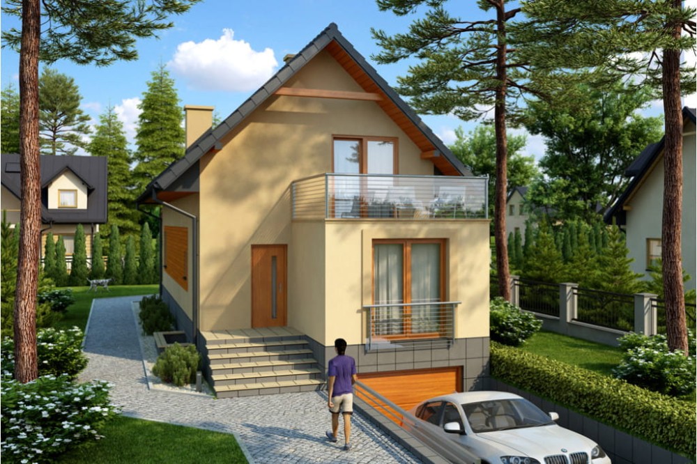 Projekt domu Radomsko 2 L-6446, parterowy z poddaszem mieszkalnym, częściowo podpiwniczony, z garażem - kolorystyka wersja 1