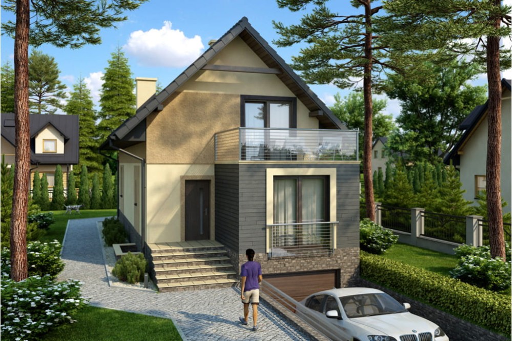 Projekt domu Radomsko 2 L-6446, parterowy z poddaszem mieszkalnym, częściowo podpiwniczony, z garażem - kolorystyka wersja 3