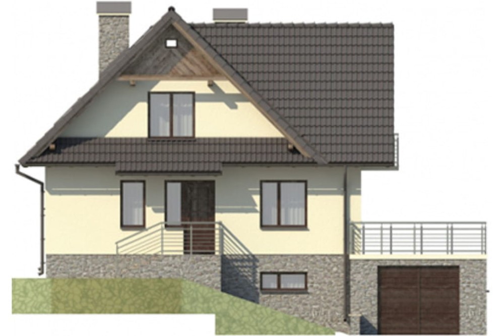 Projekt domu Krościenko DM-6072, parterowy z garażem z poddaszem mieszkalnym, z częściowym podpiwniczeniem - elewacja frontowa