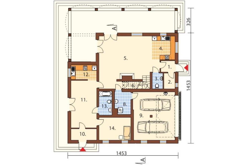 Projekt domu Verona DM-6490, piętrowy, dwulokalowy, z garażem dwustanowiskowym, bez podpiwniczenia - rzut parteru