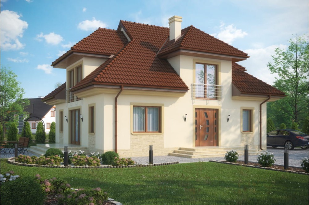 Projekt domu Poper DM-6344, parterowy z poddaszem mieszkalnym, bez podpiwniczenia, z garażem - kolorystyka wersja 2